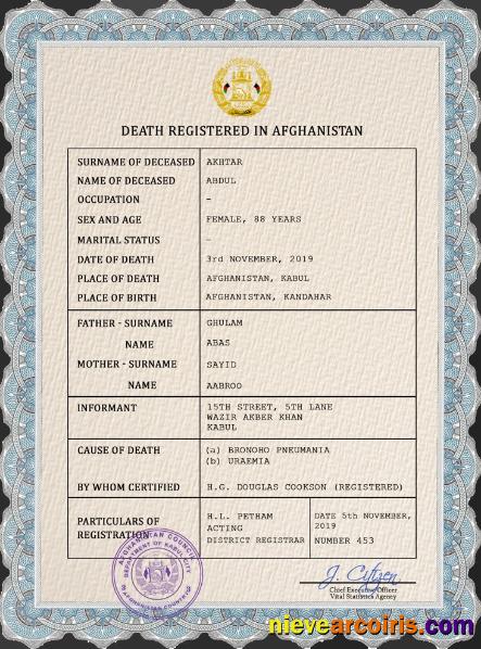 Afghanistan vital record death certificate